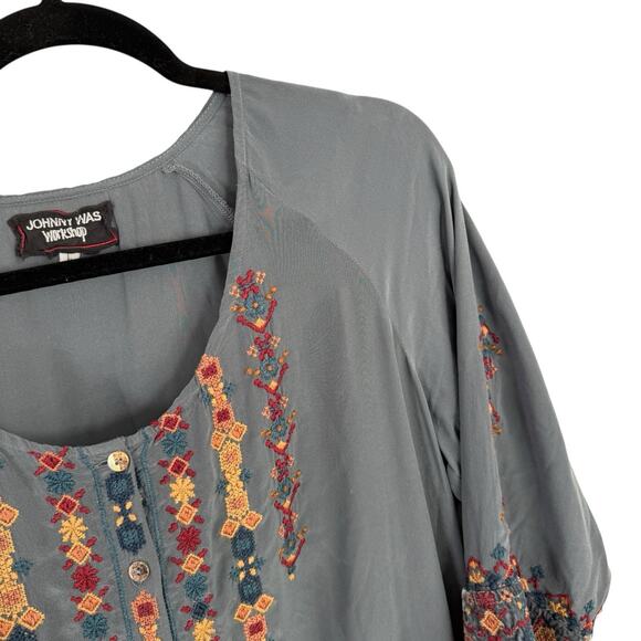Johnny Was Blue Button Front Embroidered Blouse Boho Silk Velvet Womens Large - Picture 3 of 6